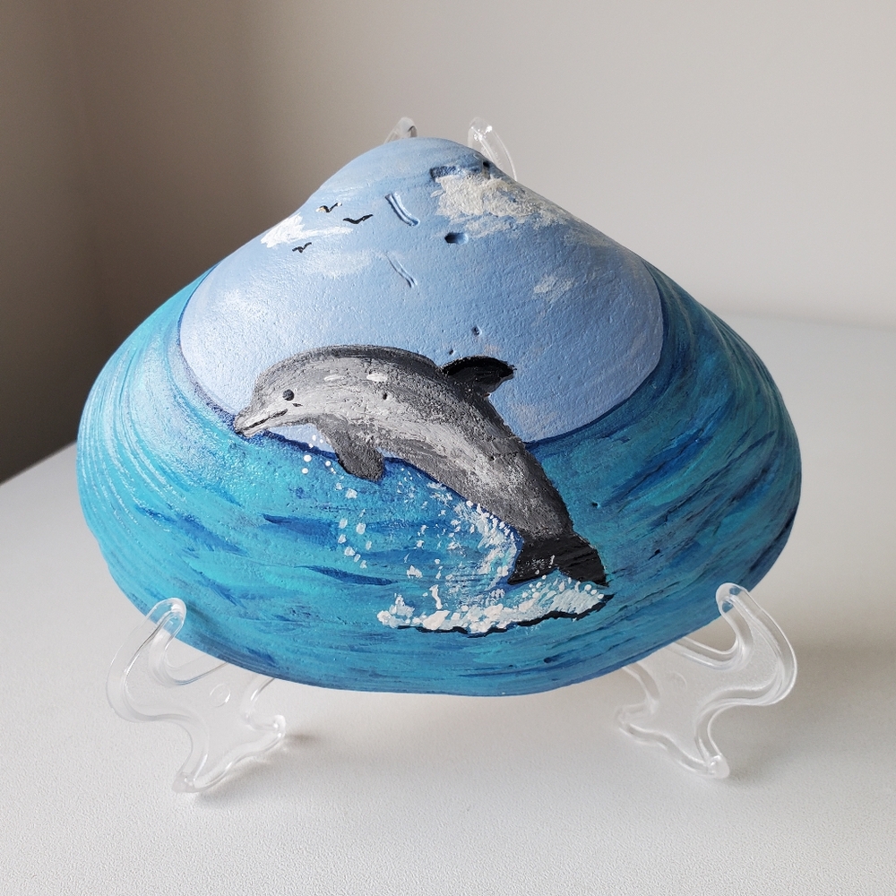 Original Dolphin Jumping Out of Ocean Hand-Painted Coastal Beach 4.5" Seashell